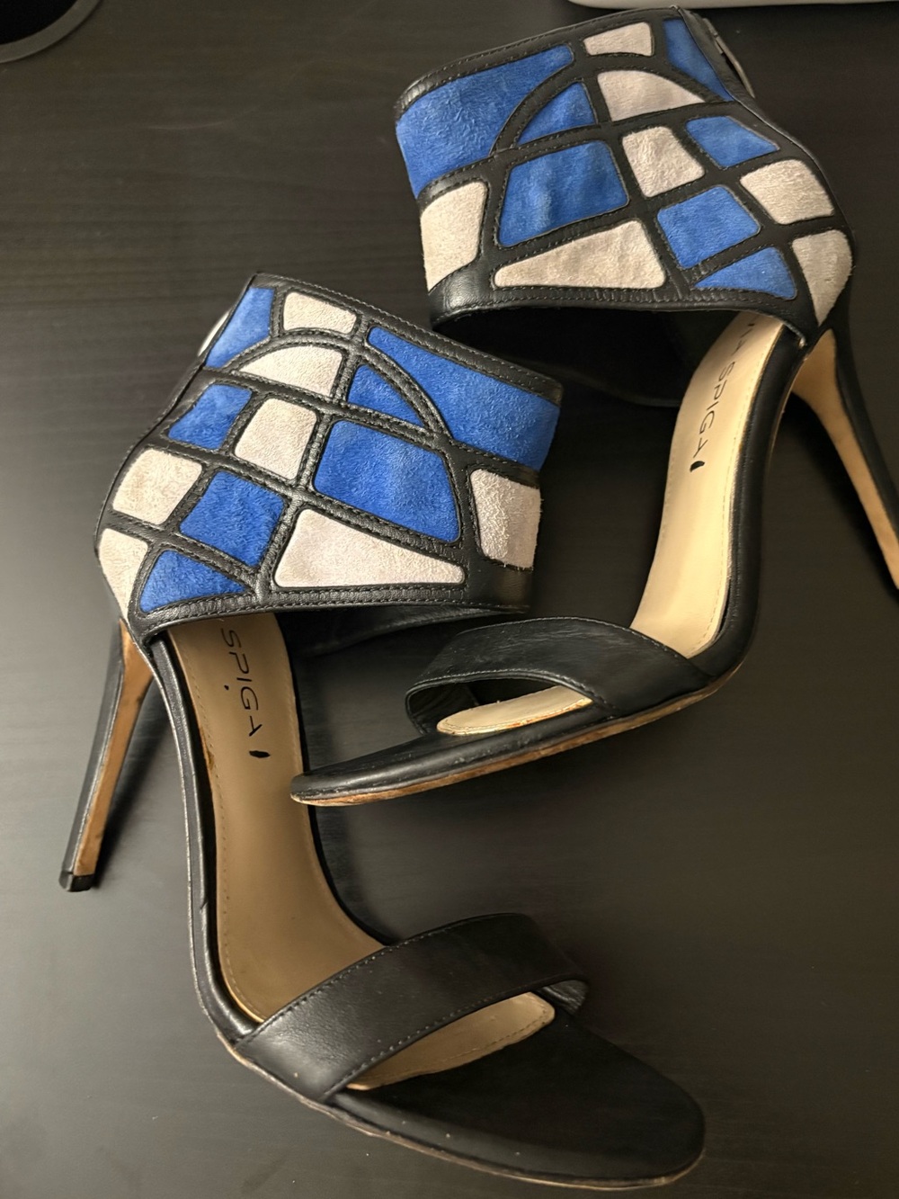 Via Spiga Tyndra Ankle Cuff Color Block Suede High Heel Sandals Size 6.5